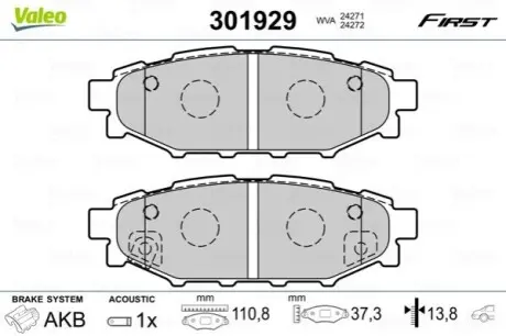 Гальмівні колодки дискові SUBARU/TOYOTA BRZ/Forester/Impreza/Legacy/Outback/GT86 "1,5-3,6 "R "03>> Valeo 301929