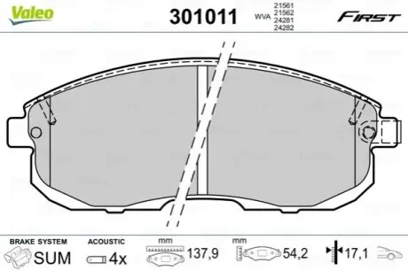 Тормозные колодки дисковые FIAT/NISSAN Punto/Cube/Juke/Maxima/Pulsar/Teana/Tiida "1,1-3,5 "F "93>> Valeo 301011