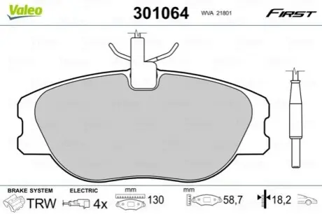 Гальмівні колодки дискові CITROEN/FIAT/LANCIA/PEUGEOT Jumpy/Scudo/806/Expert "1,6-2,1 "F "94-06 Valeo 301064