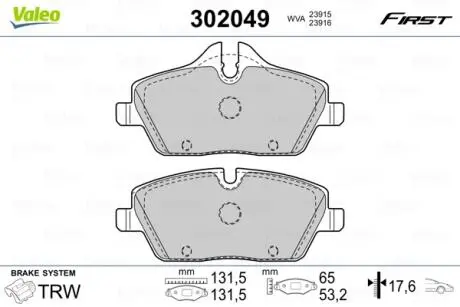 Тормозные колодки дисковые BMW 1(E81,82,87,88)/2(F45)/3(E90)/Cooper/One "1,2-3,0 "F "03>> Valeo 302049