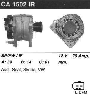 Генератор восстановленный /70A, 6PV/ AUDI A3 96-03; SEAT CORDOBA 99-02; VW BORA 00-05 MSG CA1502IR