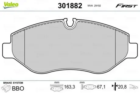 Тормозные колодки дисковые MB/VW Sprinter/Viano/Vito/Crafter "1,8-3,7 "F "03>> Valeo 301882