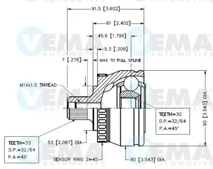 Фото шрус зовнішній AUDI A4 95-01, A6 97-04, SKODA SUPERB 02-08, VW PASSAT B5 97-05 VEMA 18644 Шрус зовнішній AUDI A4 95-01, A6 97-04, SKODA SUPERB 02-08, VW PASSAT B5 97-05 VEMA 18644