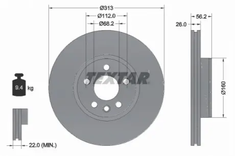 Диск тормозной FORD/SEAT/VW Galaxy/Alhambra/T4 "F D=313mm "90-10 TEXTAR 92109905