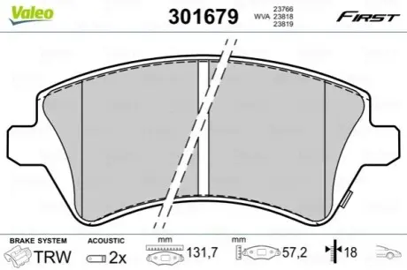 Гальмівні колодки дискові TOYOTA Corolla "1,4-2,0 "F "01-07 Valeo 301679