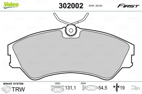 Тормозные колодки дисковые VW Transporter "F "90-03 Valeo 302002