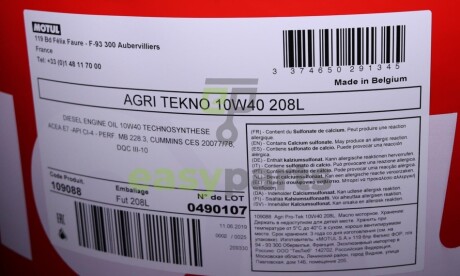 Олива 10W40 Agri Tekno (208L) (MB 228.3/CUMMINS: CES 20077/CUMMINS: CES 20078/DQC-III-10/MAN 327) MOTUL 109088