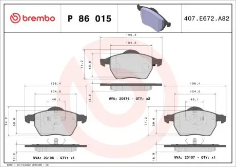 Комплект тормозных колодок, дисковый тормоз BREMBO P86 015