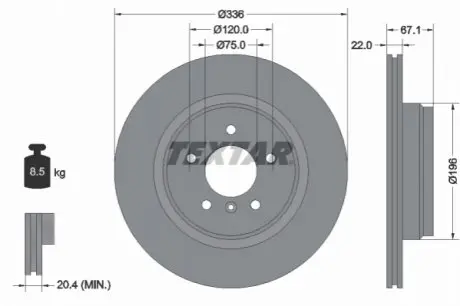 Диск гальмівний (задній) BMW 3 (E90/E91/E92) 2.5-3.0/2.0d 04-11 (336x22) PRO+ TEXTAR 92137905