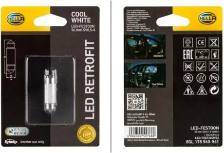12V 1W LED RETROFIT Лампа (цоколь SV8.5-8) 5000K HELLA 8GL178560561