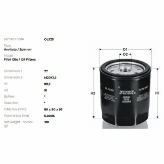 Фільтр масляний Citroen/Fiat/Peugeot/Renault 1.9D/2.0HDI/2.5D/2.0 16V TECNECO OL525