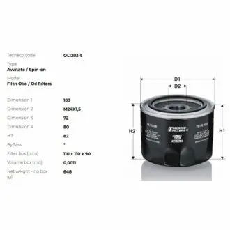 Фільтр масла Toyota Avensis 2.0D 03- TECNECO OL1203T