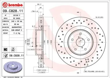 Фото тормозной диск BREMBO 09.C828.11 Тормозной диск BREMBO 09.C828.11