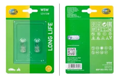 W5W 12V 5W Лампа розжарювання (LONG LIFE UP TO 3x) LONGER LIFETIME (блістер 2 шт) HELLA 8GP003594163