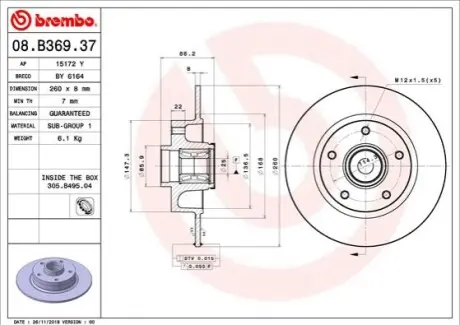 ЩИТ КОЛОДОК.+?О?YSKO(ZEST. 1 ШТ) RENAULT BREMBO 08.B369.37