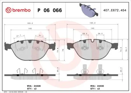 Комплект гальмівних колодок, дискове гальмо BREMBO P 06 066