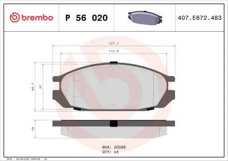 Комплект тормозных колодок, дисковый тормоз BREMBO P 56 020