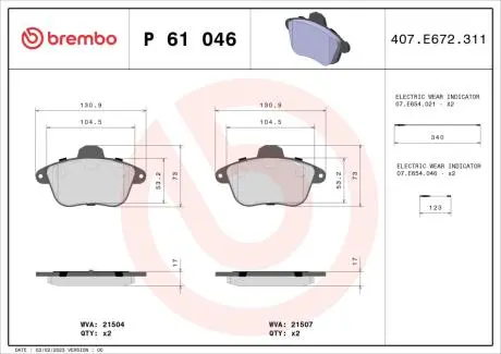 Комплект гальмівних колодок, дискове гальмо BREMBO P 61 046