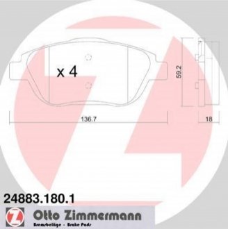 Комплект гальмівних колодок, дискове гальмо ZIMMERMANN 24883.180.1 (фото 1)