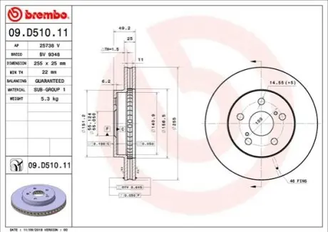 ЩИТ КОЛОДОК. TOYOTA PRIUS 15-PRZ?D BREMBO 09.D510.11