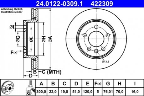 Диск гальмівний (задній) VW Crafter 2.0TDI 16-/Man TGE 17- (300x22) (з покриттям) (вентильований) ATE 24012203091