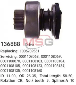 Фото бендикс стартера CARGO 136888 Бендикс стартера CARGO 136888