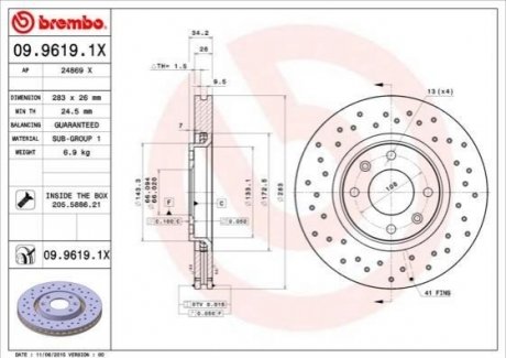 Тормозной диск BREMBO 09.9619.1X (фото 1)
