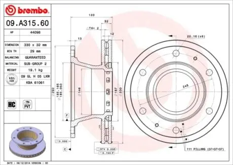 Фото тормозной диск BREMBO 09.A315.60 Тормозной диск BREMBO 09.A315.60