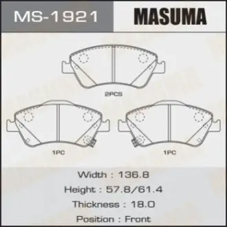 Фото колодка тормозная передняя Toyota Auris (08-11), Corolla (08-10) MASUMA MS1921 Колодка тормозная передняя Toyota Auris (08-11), Corolla (08-10) MASUMA MS1921