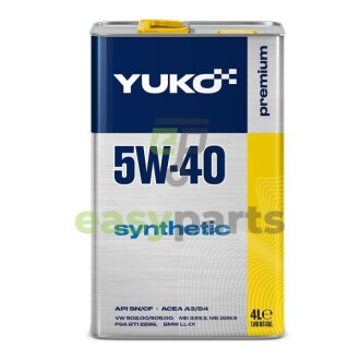 4л SYNTHETIC 5W-40 Олива двигуна API SN/CF, ACEA A3/B4, VW 502.00/505.00/501.01/505.00, MB 229.3, MB 229.5, PSA B71 2296, PSA B71 2300, BMW LL-01, Renault RN0700, RN0710, MB 229.5, MB 226.5 YUKO 21597