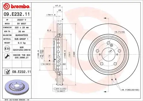 Фото гальмівний диск пер. Odyssey 10- (320х28) BREMBO 09E23211 Гальмівний диск пер. Odyssey 10- (320х28) BREMBO 09E23211
