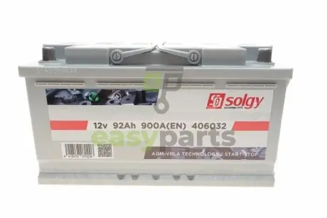 Акумуляторна батарея 92Ah/900A (353x175x190/+R/B13) (Start-Stop AGM) Solgy 406032