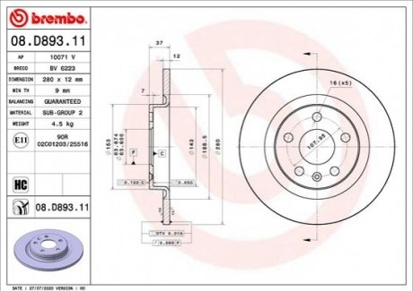 Тормозной диск BREMBO 08.D893.11