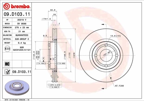 Тормозной диск BREMBO 09.D103.11