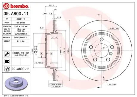 Фото тормозной диск BREMBO 09.A800.11 Тормозной диск BREMBO 09.A800.11