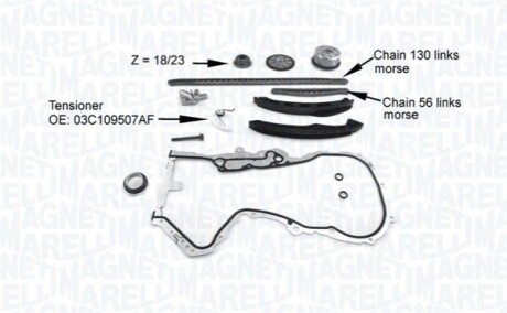 VW К-т ланцюга приводу р/вала (ланцюг 2шт 130/56зв.) Audi,Skoda Fabia,Octavia,Seat,Golf V,Passat,Touran 1.4TSI MAGNETI MARELLI MCK1200