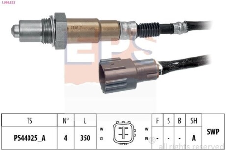 TOYOTA Лямбда-зонд AVENSIS 2.0 03-, RAV 4 2.0 05-, LEXUS ES 2.5 12-18, SUBARU OUTBACK 3.0 03-09 EPS 1.998.522 (фото 1)