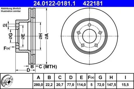 Диск тормозной (передний) Jeep Cherokee, Wrangler I 2.1D-4.2 84-01 (280x22) ATE 24.0122-0181.1