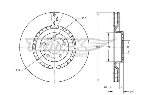 Диск тормозной (передний) Alfa Romeo159/Brera/Giulietta/Fiat 500X/Jeep Compass/Renegade (305x28) 05- TOMEX TX7374