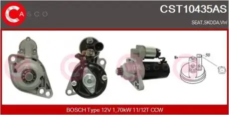 Стартер VW Caddy 09-/Golf 1.6-2.0 D 09-16/Skoda Octavia 09-13 (12V/1.7 kw) (замінено на 1986S00802) CASCO CST10435AS