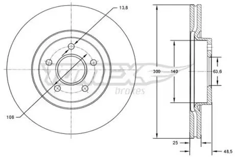 Диск тормозной (передний) Ford C-Max/Kuga 07-/Transit Connect 13- (300x25) (с покрытием)(вентил.) TOMEX TX7177