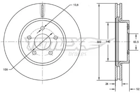 Диск гальмівний (передній) Ford Mondeo/Galaxy 07-15/Range Rover/Volvo S60 11-(300x28) TOMEX TX7280