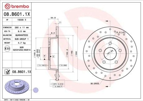 Диск тормозной (задний) Ford C-Max 10-/Kuga/Transit Connect 13- (280x11) PRO BREMBO 08B6011X