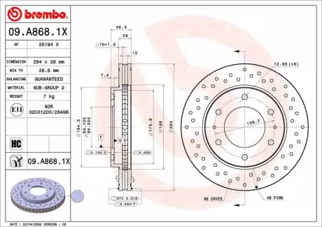 Tarcza ham. Xtra FIAT FULLBACK Pickup (502_, 503_) 01/16-> / MITSUBISHI (GAC) BREMBO 09A8681X