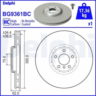 Диск тормозной (передний) BMW X5/X6 06- (385x36) (L) (с покрытием) (вент.) Delphi BG9361BC