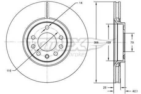 Диск гальмівний (передній) Opel Astra G/H/Corsa E/Meriva 00- (308x25) TOMEX TX7203