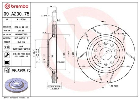 Диск тормозной (задний) VW Passat 05-/Golf/Seat Leon 12- (310x22) BREMBO 09A20075