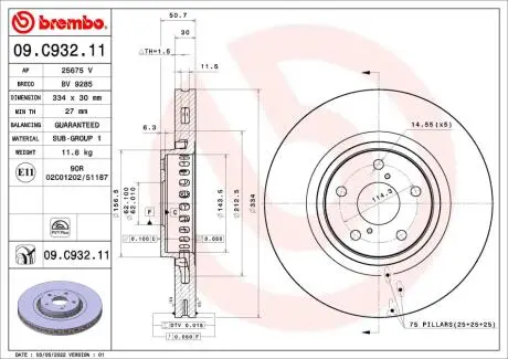 Диск гальмівний (передній) Lexus GS 05-/IS 09- (L) (334x30) PRO BREMBO 09C93211