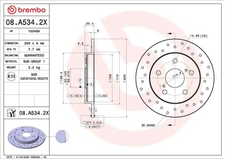 Диск тормозной (задний) Toyota Auris/ Corolla 06- (259x9) PRO BREMBO 08A5342X