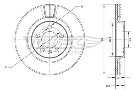 Диск гальмівний (передній) Skoda Octavia/VW Golf IV (280x22) TOMEX TX7009